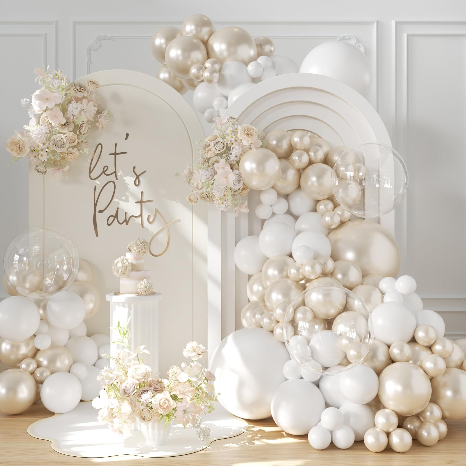 LANGASQUE Pearl White Balloon Arch Kit displayed as elegant wedding décor.