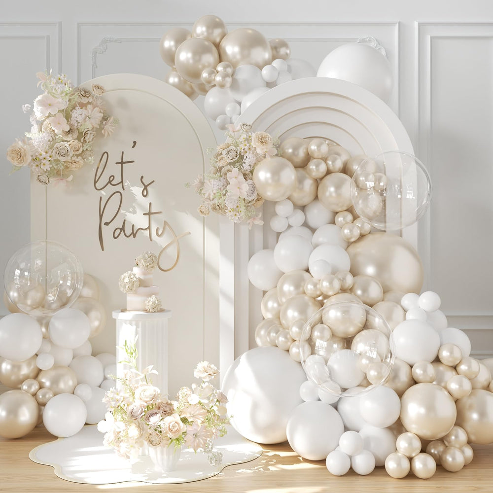 LANGASQUE Pearl White Balloon Arch Kit displayed as elegant wedding décor.