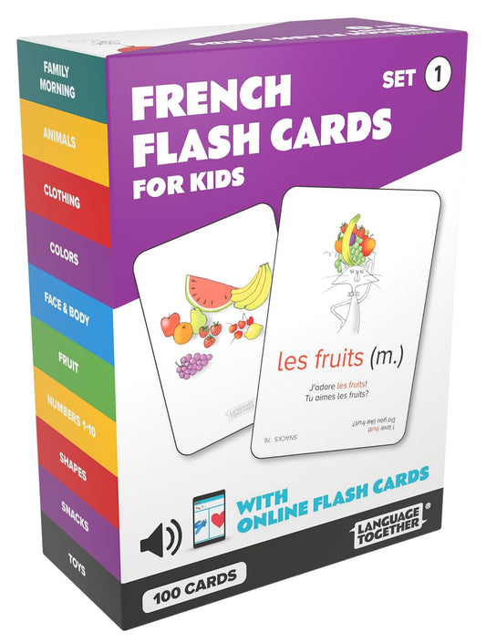 Language Together French flash cards cover image with bright illustrations for quick word recognition.