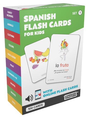 Language Together Spanish flashcards cover with bright visuals to spark memory in learning.