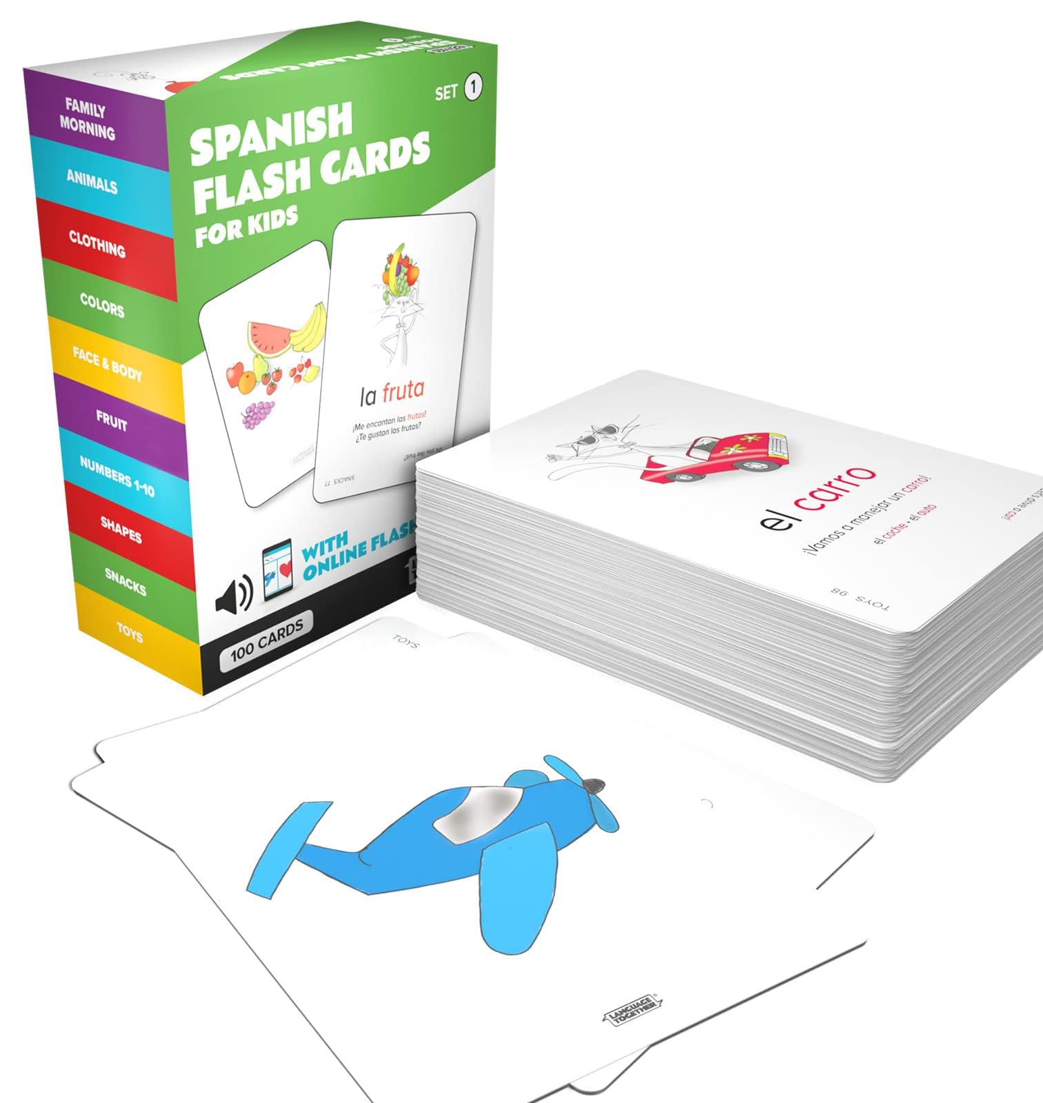 Language Together Spanish flashcards include audio on compatible devices for learning anytime.