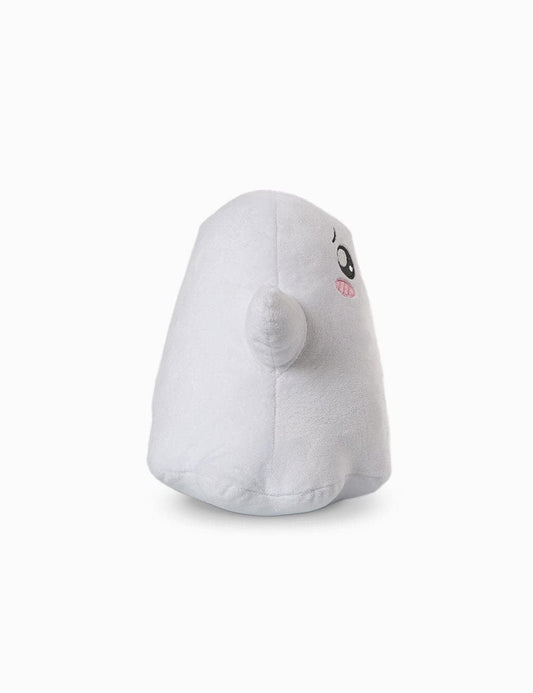 Close-up of Ghosty with embroidered facial features for adorable detail.