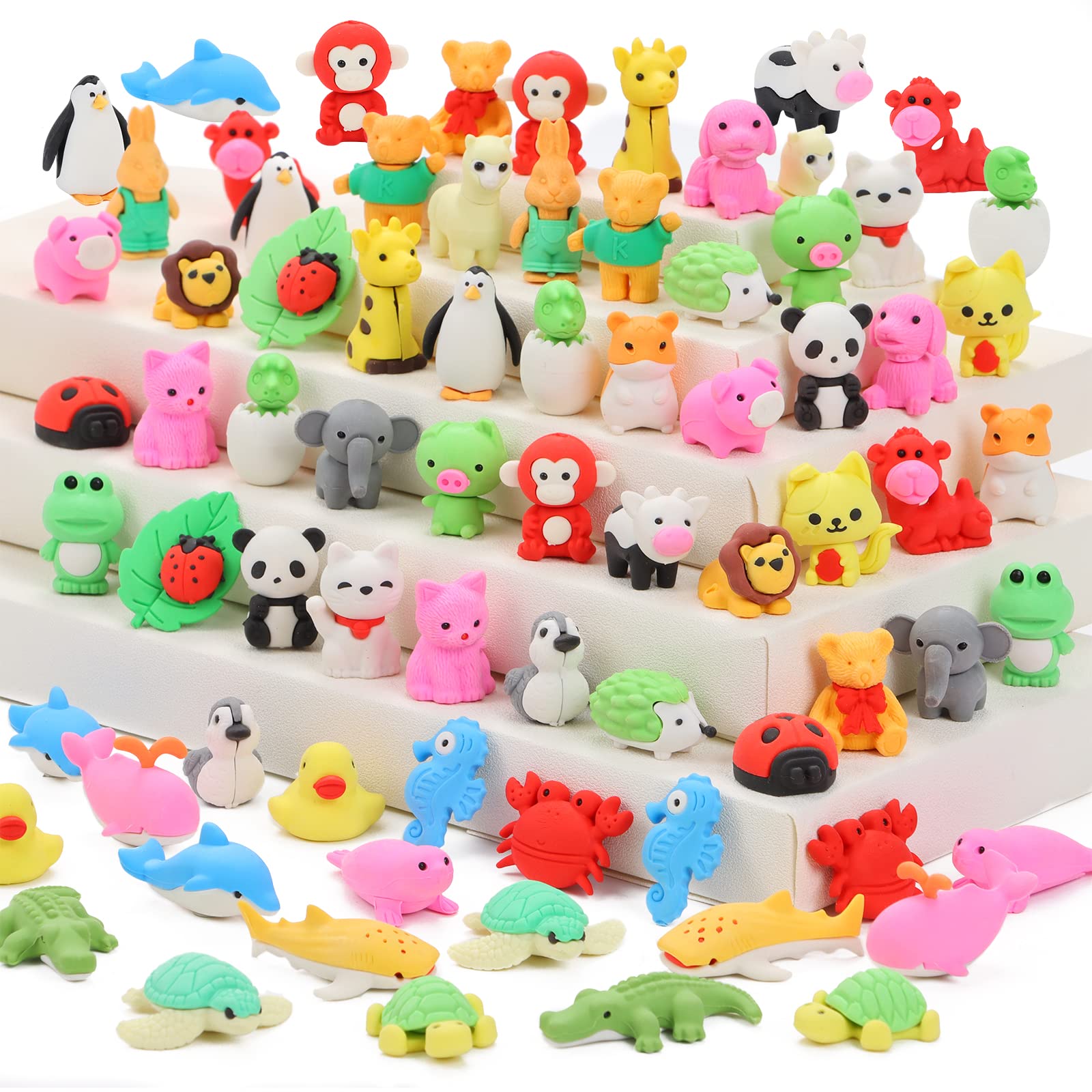 LanMa 70-piece animal erasers assortment for classroom fun and learning.