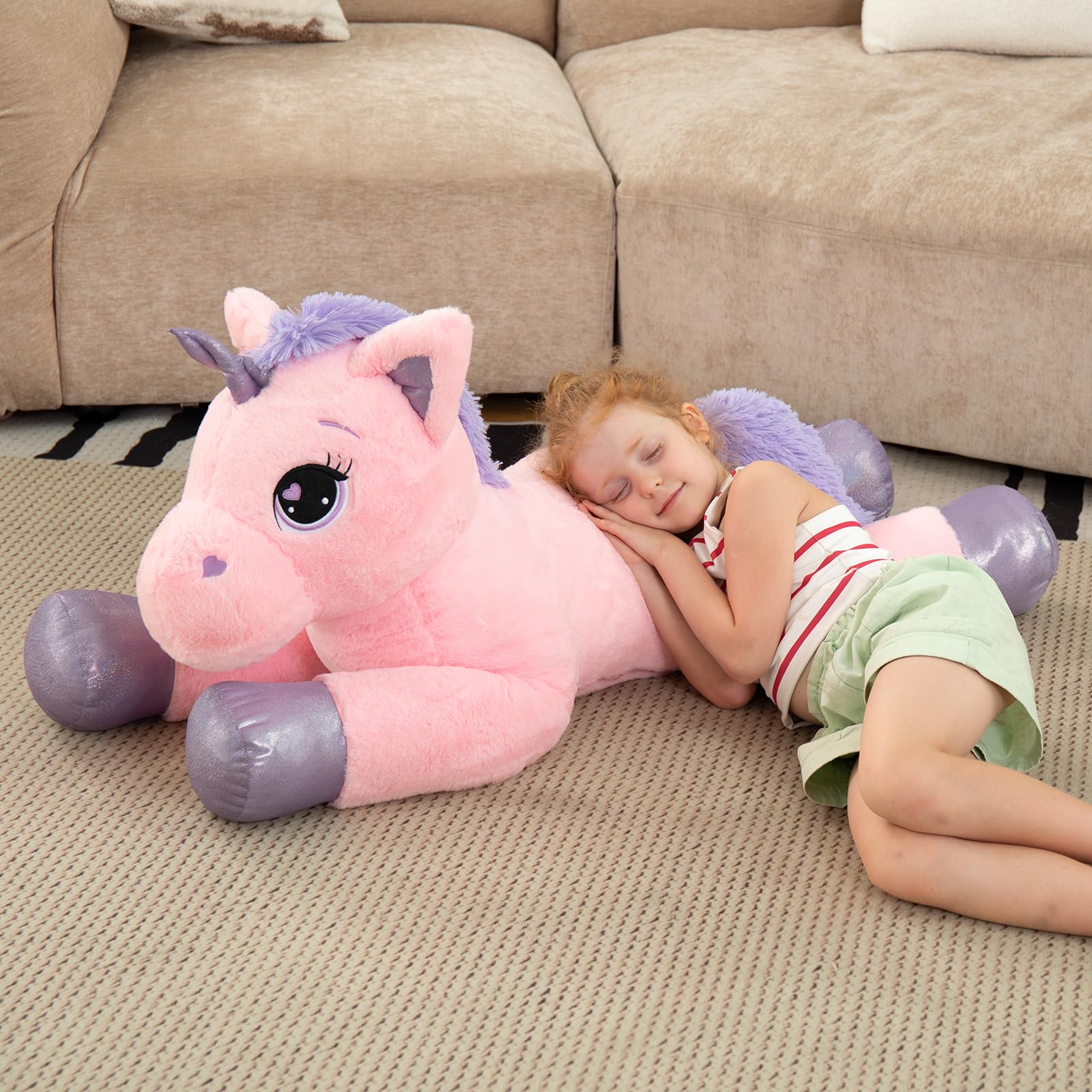 Lanmore unicorn embroidered-eyes plush, safe hug buddy with no sharp parts.