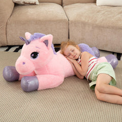 Lanmore unicorn embroidered-eyes plush, safe hug buddy with no sharp parts.