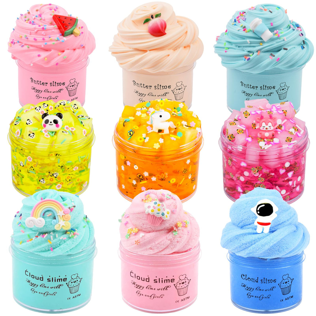 LANUMIONG Slime Kit 9 Pack front view, colorful set ideal for imaginative play.