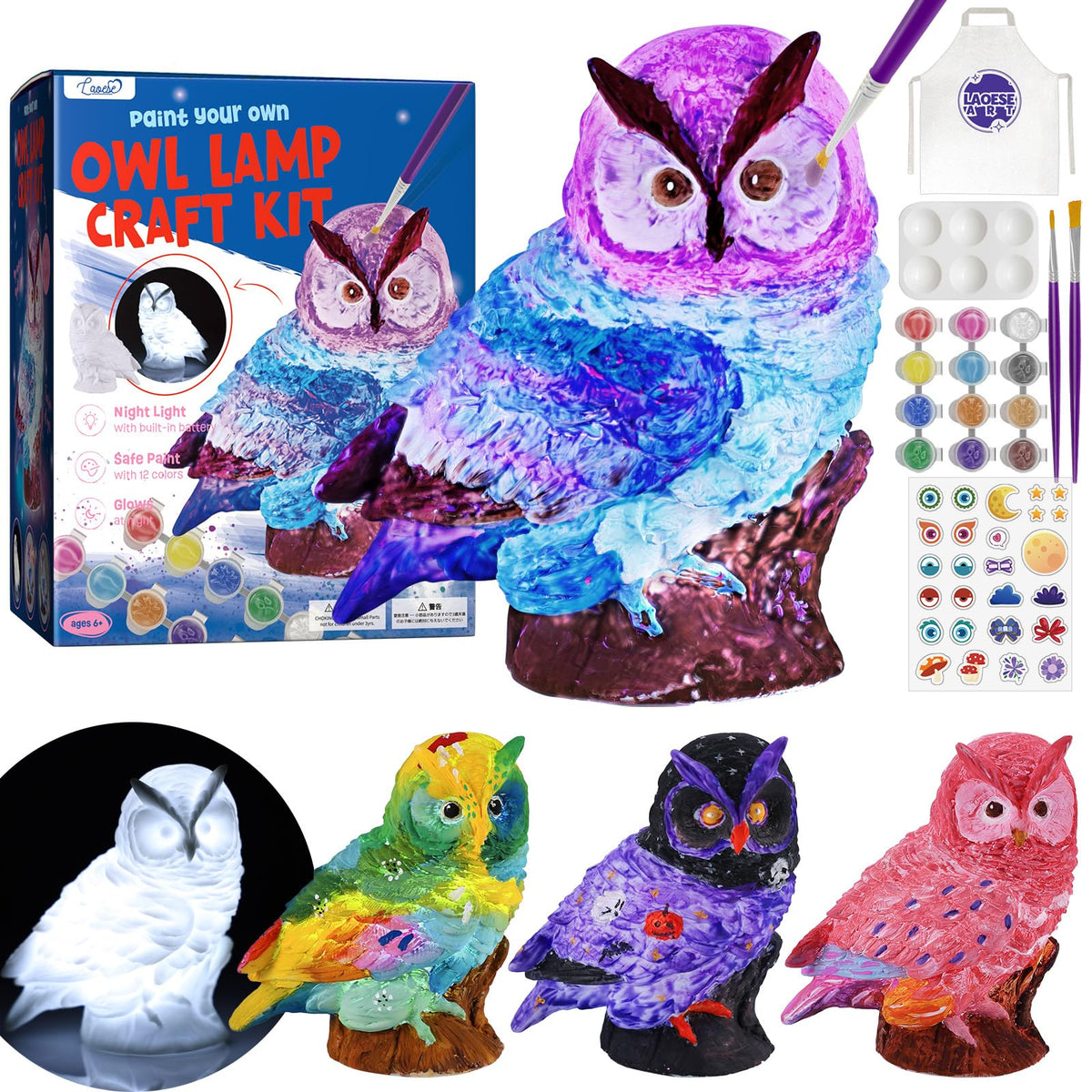 LAOESE Paint Your Own Owl Lamp Kit box ready for colorful family crafting