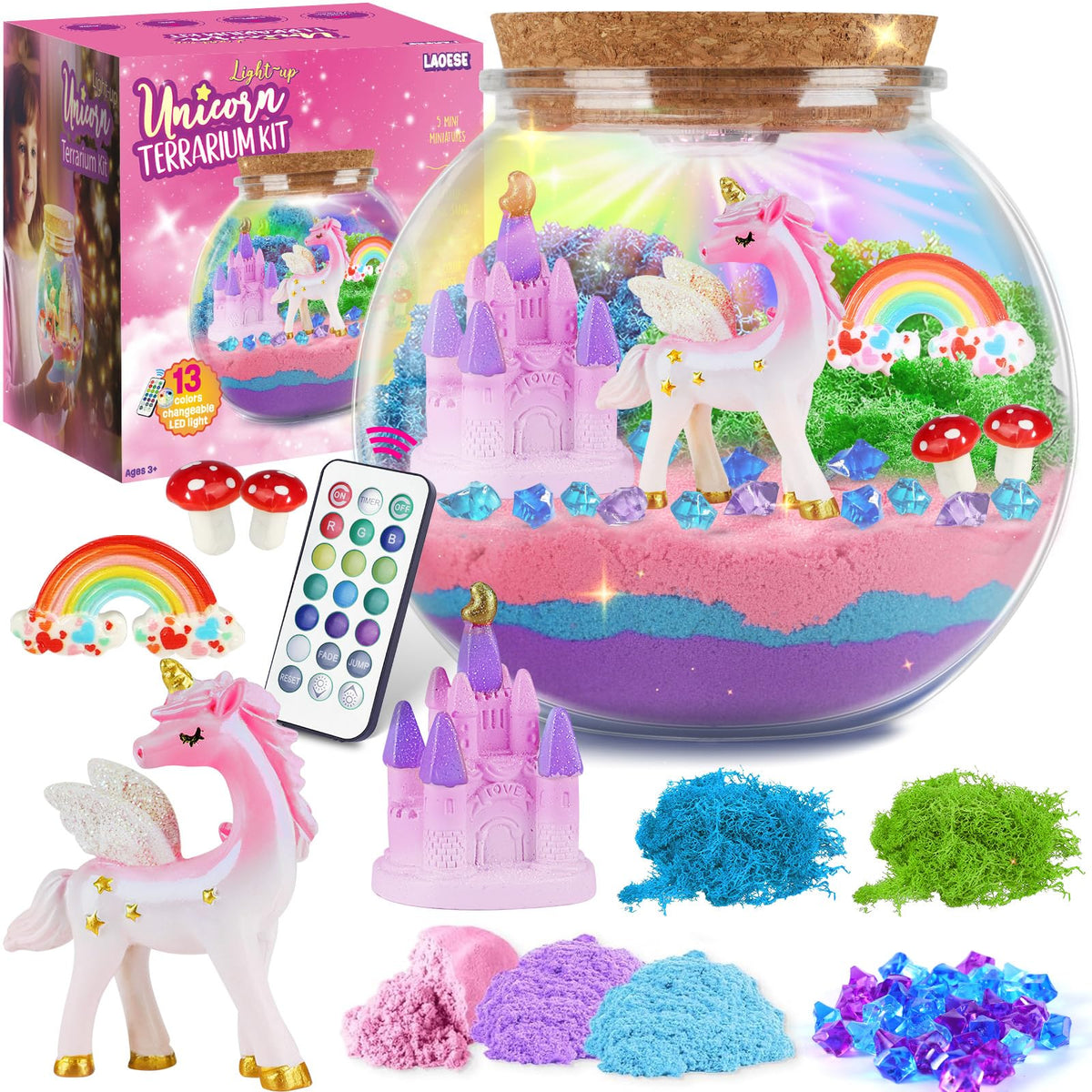LAOESE unicorn light-up terrarium kit for creative play and display.