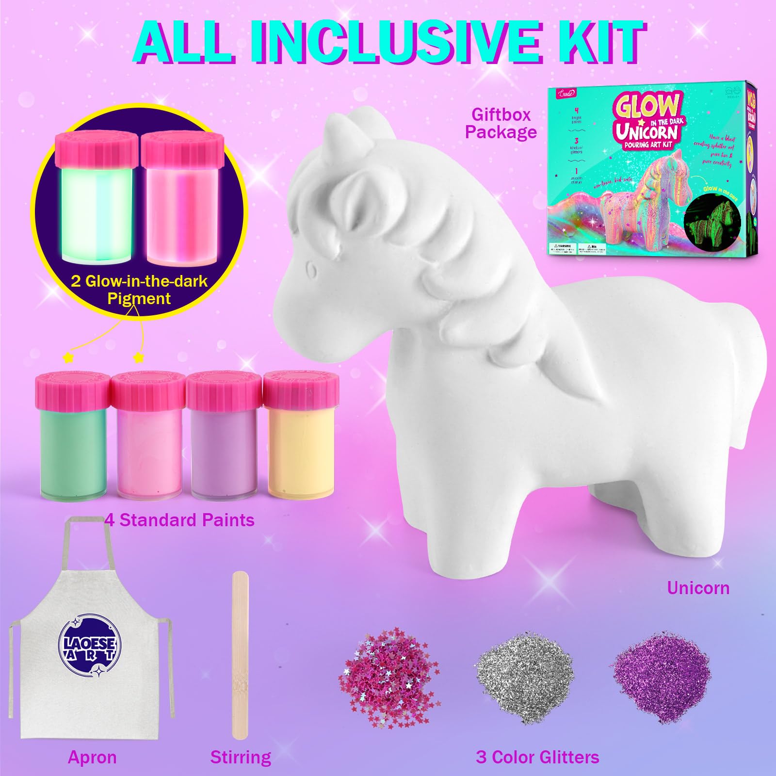 LAOESE Unicorns Paint Pour Kit colors spark imaginative unicorn art.