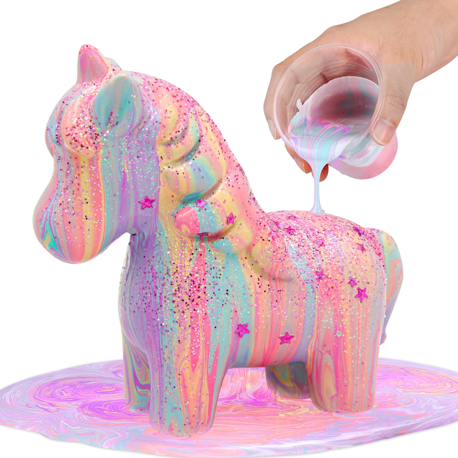 LAOESE Unicorns Paint Pour Kit packaging displays contents for creative play.
