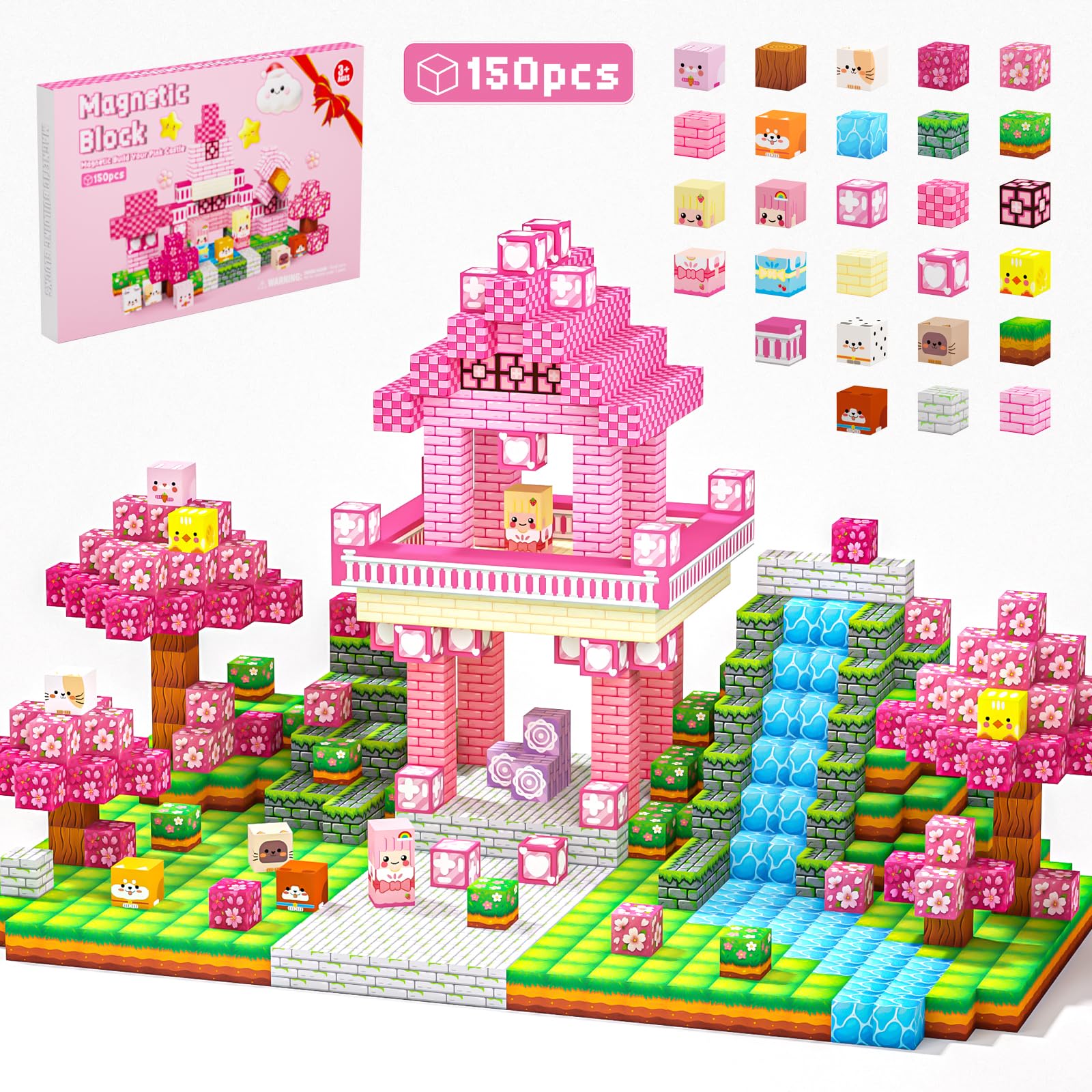 Laoren magnetic blocks form a pink castle with 150 pieces for imaginative play