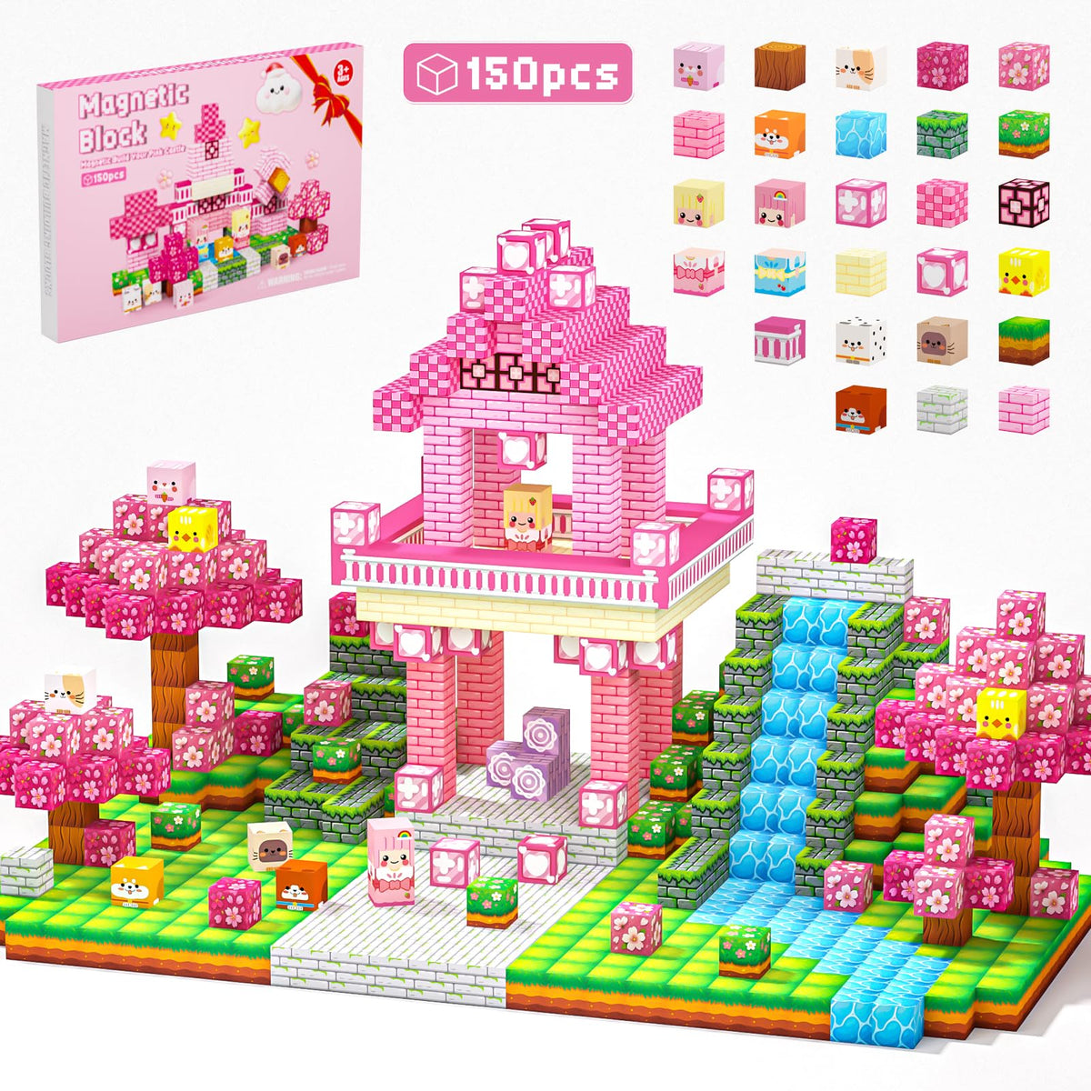 Laoren magnetic blocks form a pink castle with 150 pieces for imaginative play