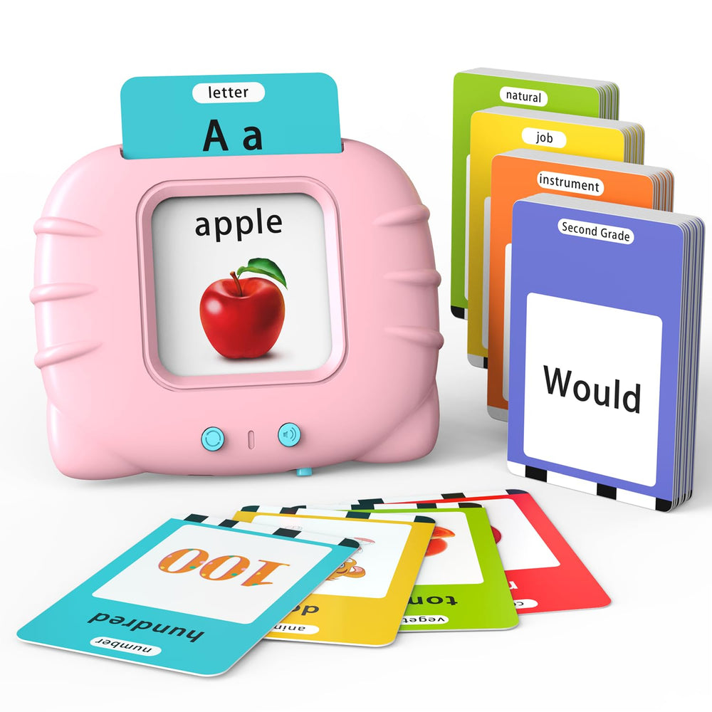 Lapare Audible Flash Cards pink reader on table engaging toddler in language play