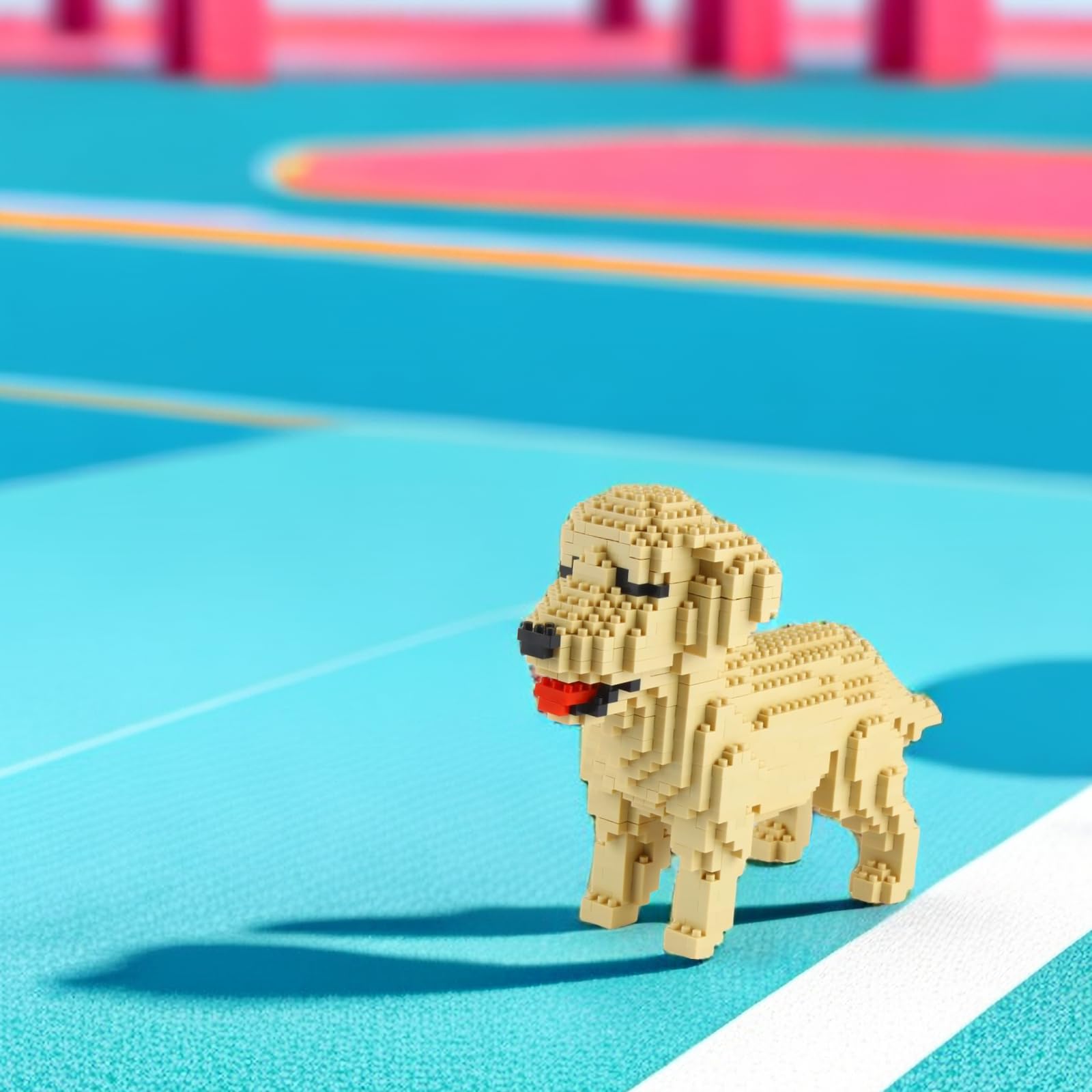 Larcele Micro Dog building blocks display-ready sculpture on a shelf.