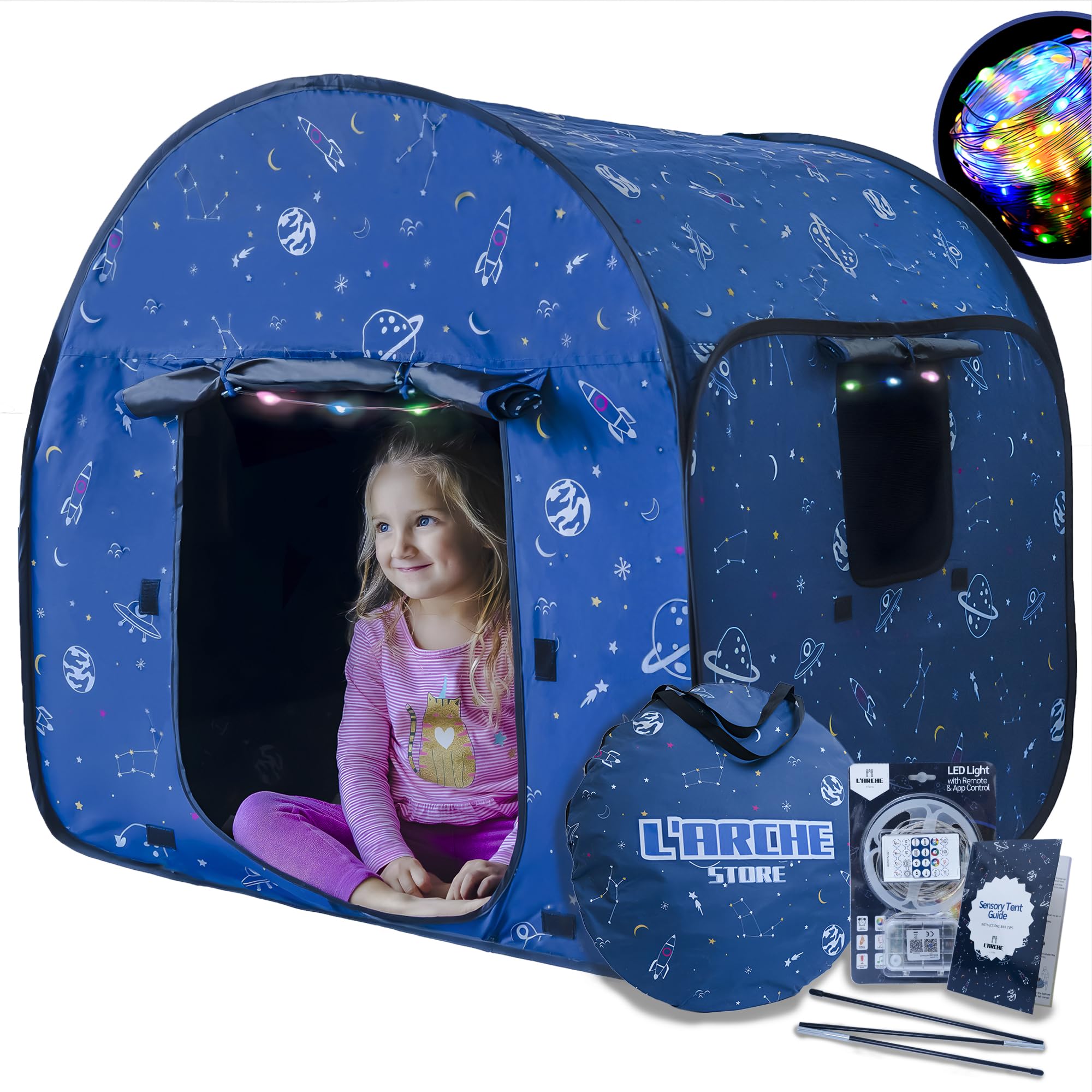 L'Arche sensory tent with blackout design offers a calm space for quiet time.
