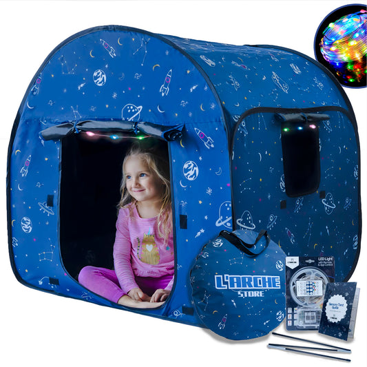 L'Arche sensory tent with blackout design offers a calm space for quiet time.
