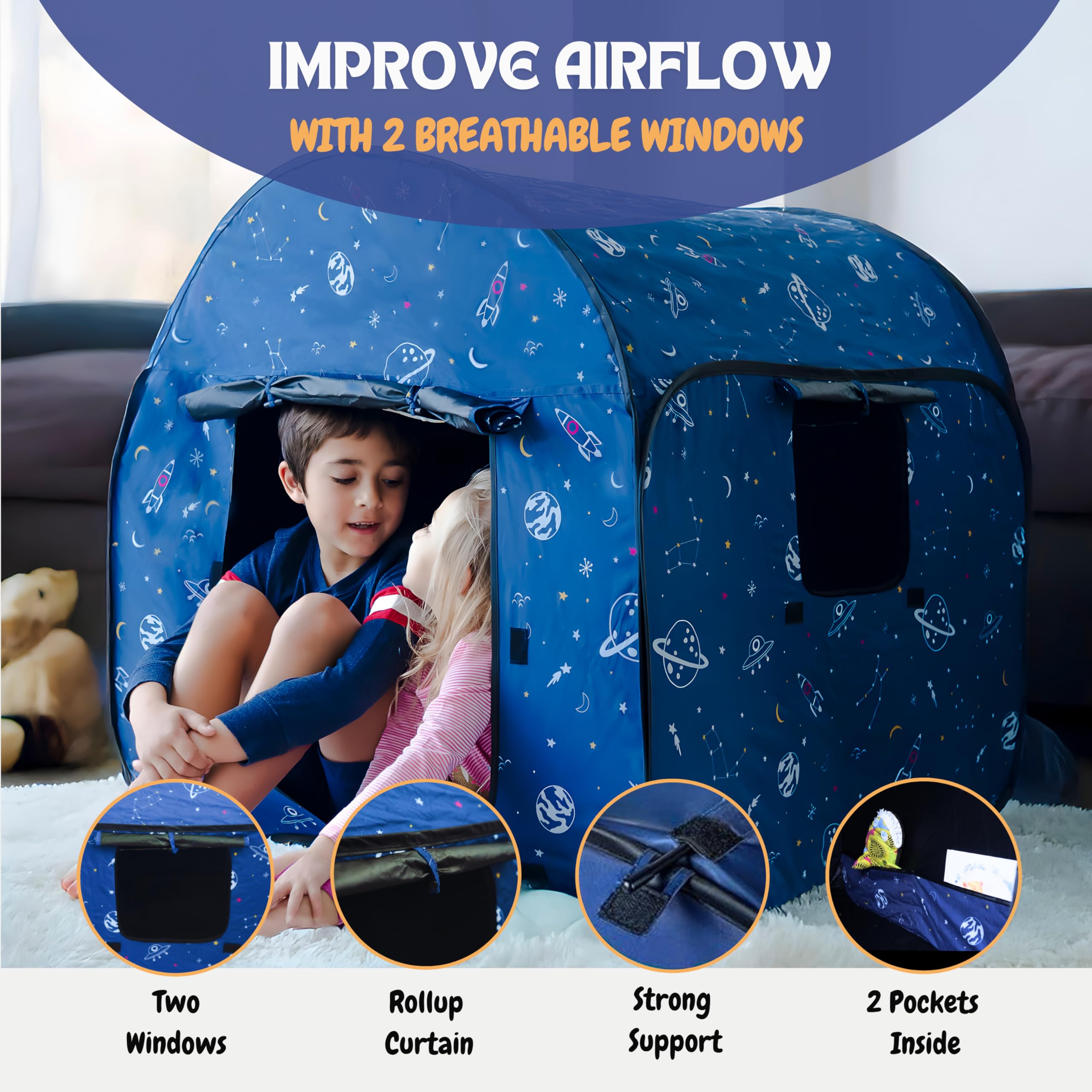 L'Arche sensory tent inner pockets help organize fidgets and calming tools.
