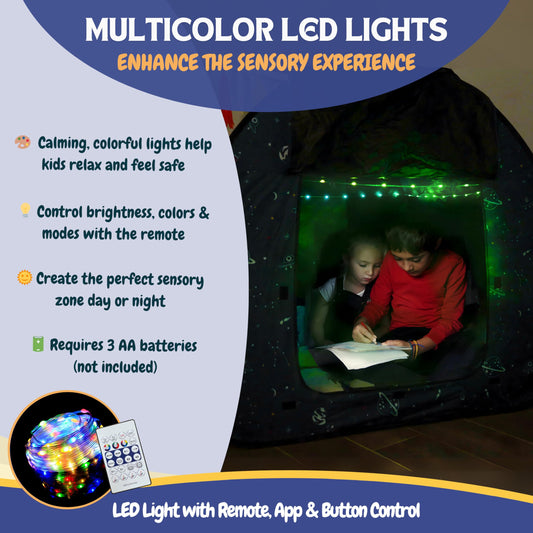 L'Arche sensory tent LED lights and remote create customizable ambience for focused play.
