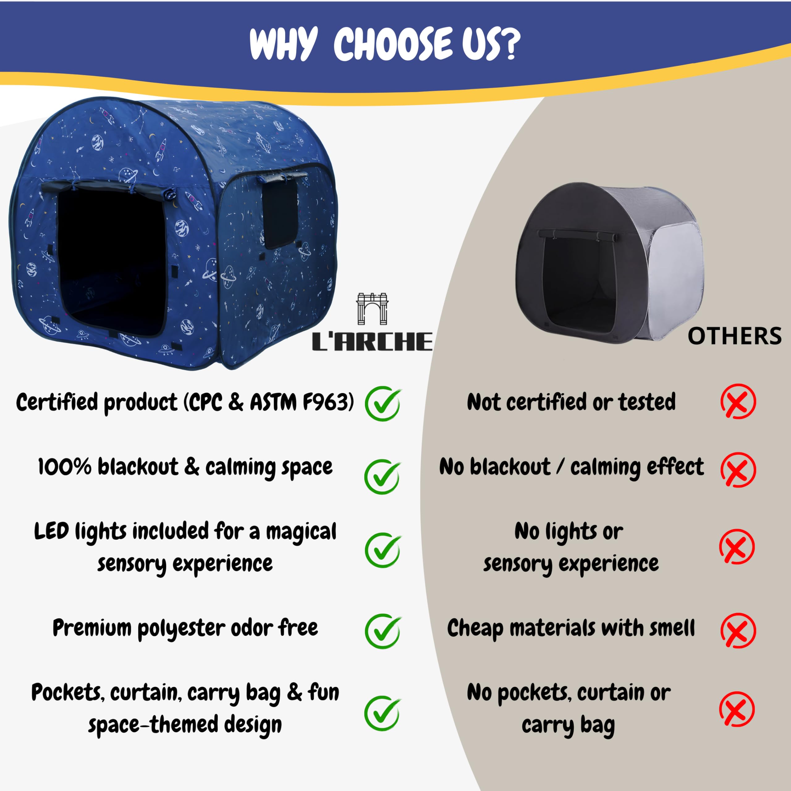 L'Arche sensory tent uses soft polyester and CPC-certified materials for safe play.