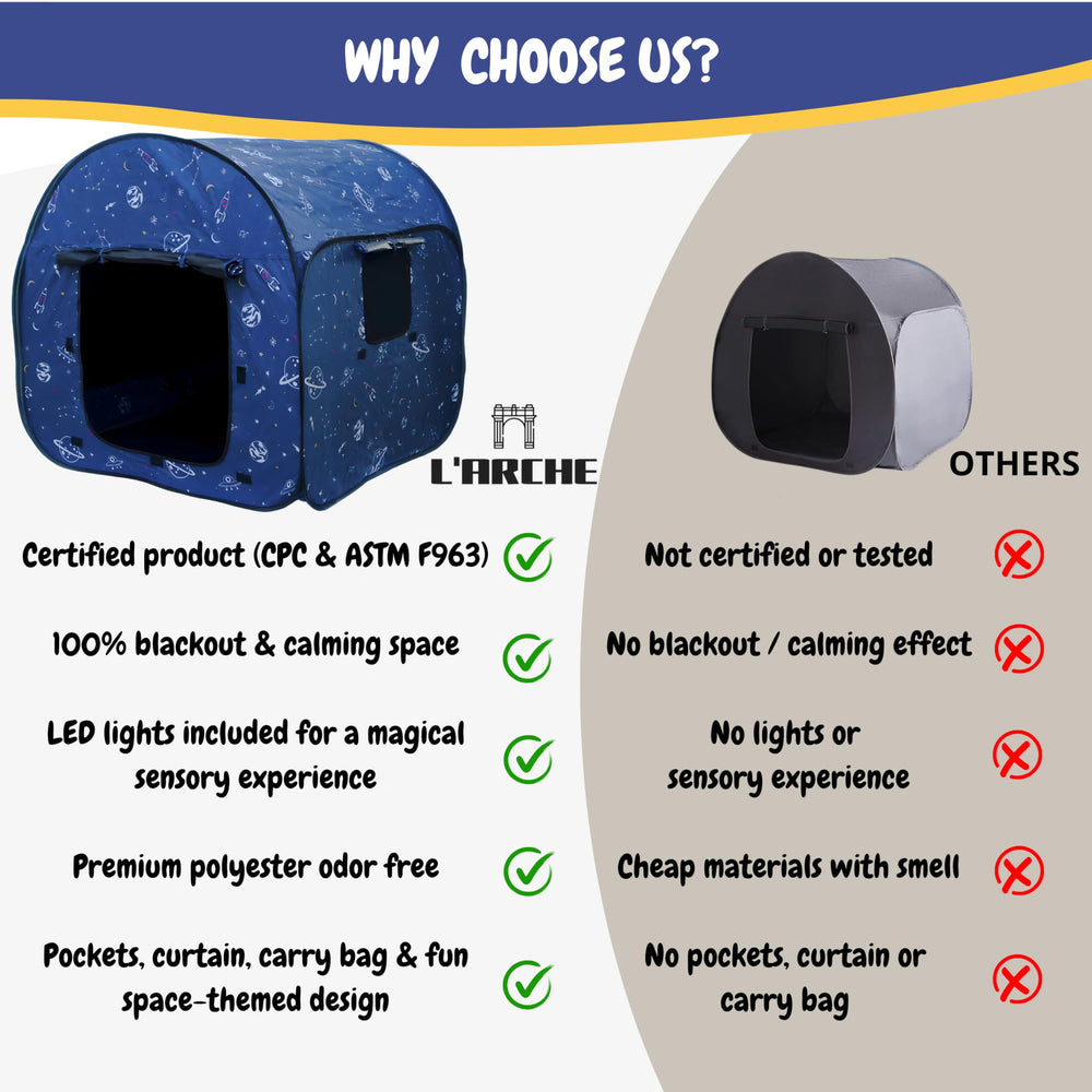 L'Arche sensory tent uses soft polyester and CPC-certified materials for safe play.