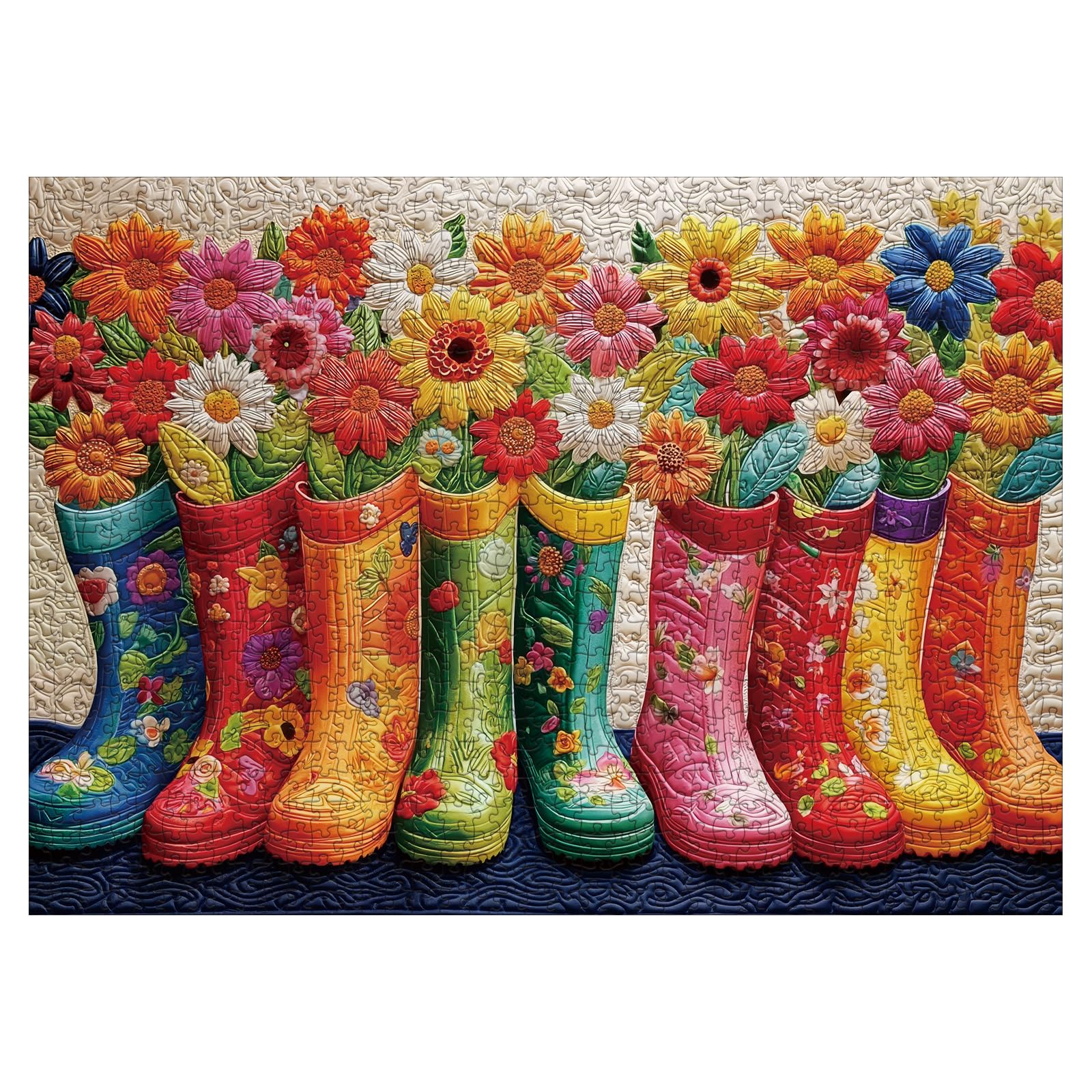 Larkipuzz cloth-art boots garden image highlights stitching texture and blossoms.