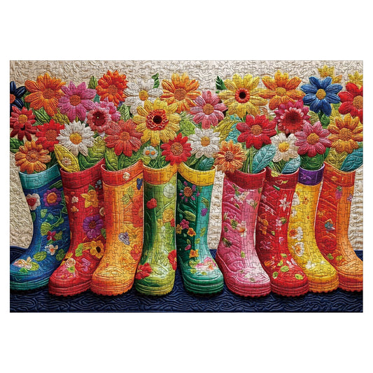 Larkipuzz cloth-art boots garden image highlights stitching texture and blossoms.