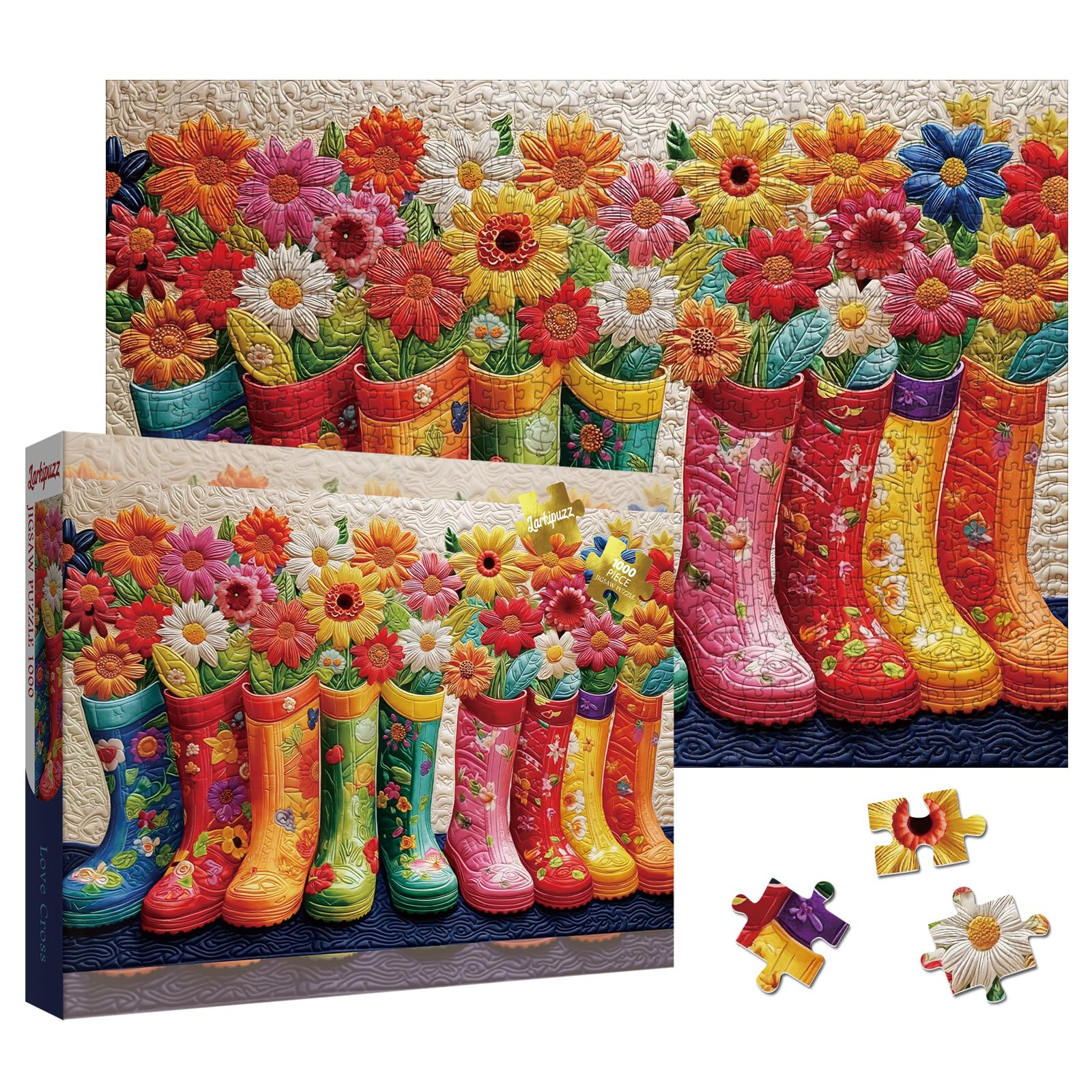 Larkipuzz colorful flower boots puzzle shows vibrant patchwork boots for mindful relaxation.
