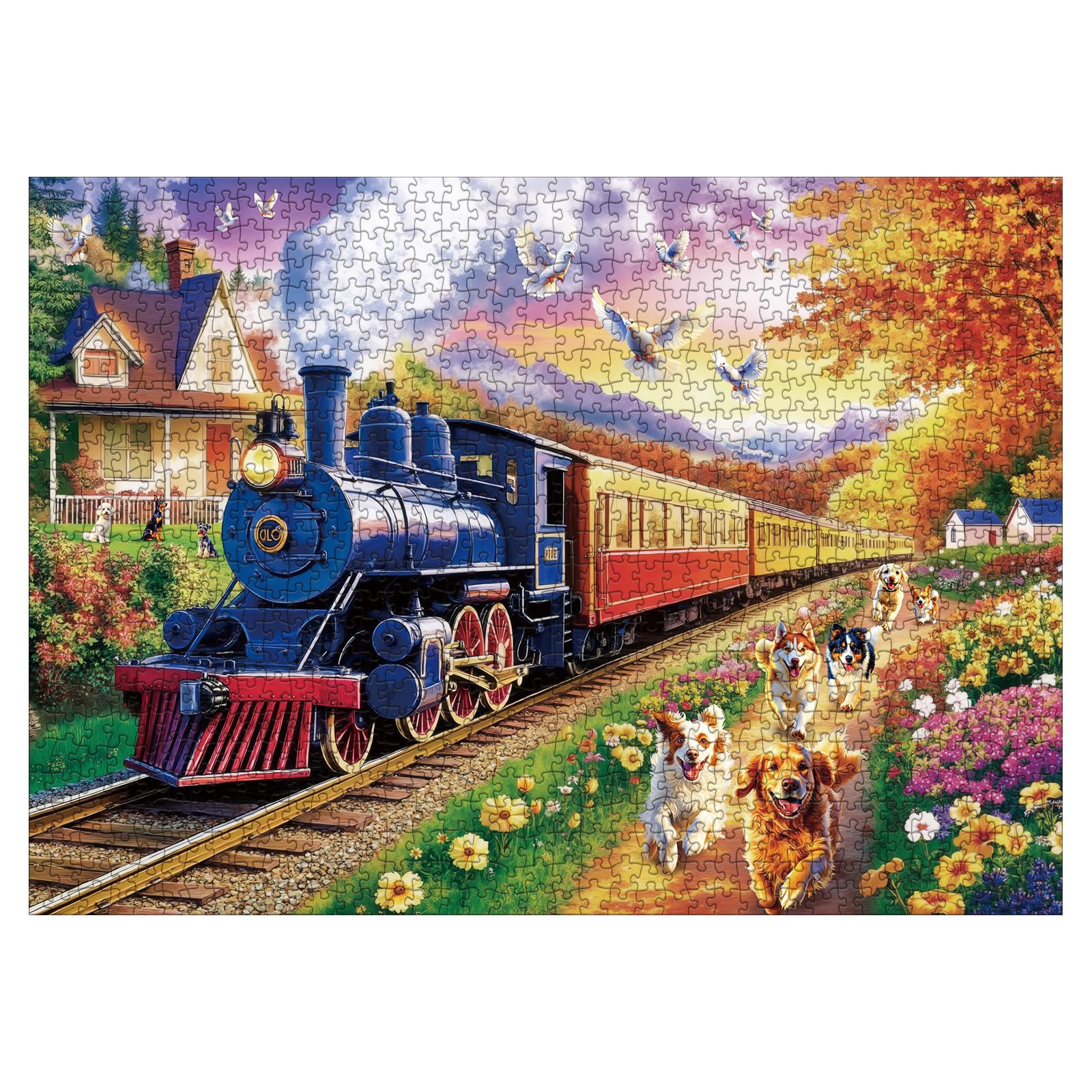 Larkipuzz puppy-and-birds dynamic-scene 1000-piece puzzle inspires focus and casual unwind.