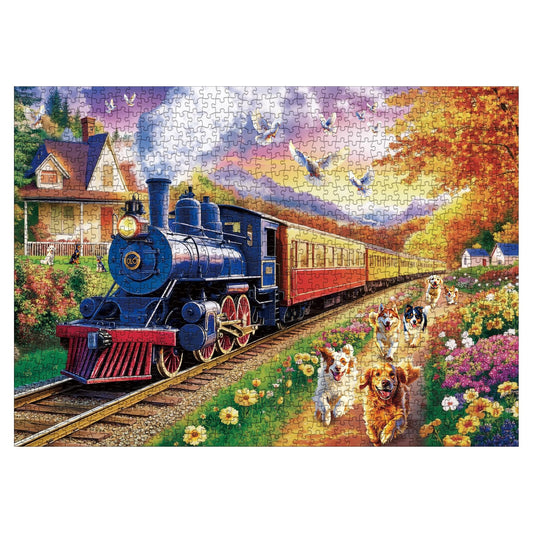 Larkipuzz puppy-and-birds dynamic-scene 1000-piece puzzle inspires focus and casual unwind.