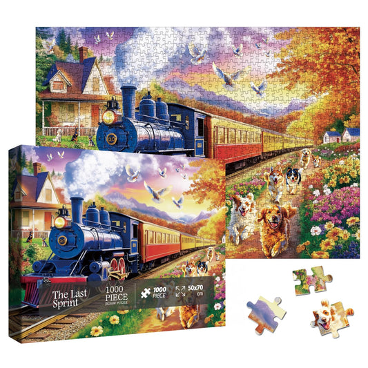 Larkipuzz train-and-dogs action scene 1000-piece puzzle for engaging family puzzle time.