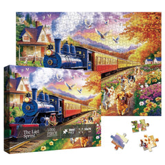 Larkipuzz train-and-dogs action scene 1000-piece puzzle for engaging family puzzle time.