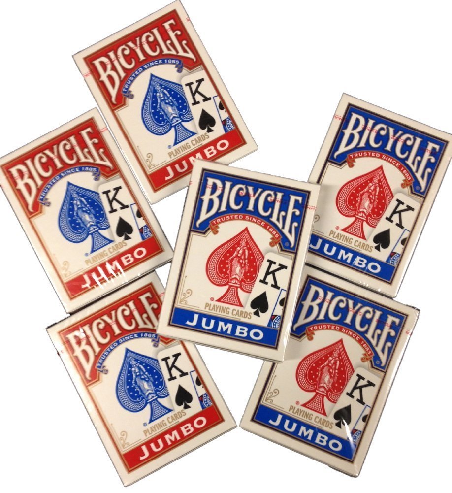 Las Vegas Poker Chips Bicycle jumbo index cards in red and blue, ideal for home poker games.
