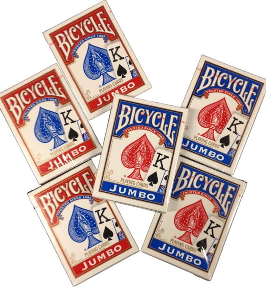 Las Vegas Poker Chips Bicycle jumbo index cards in red and blue, ideal for home poker games.