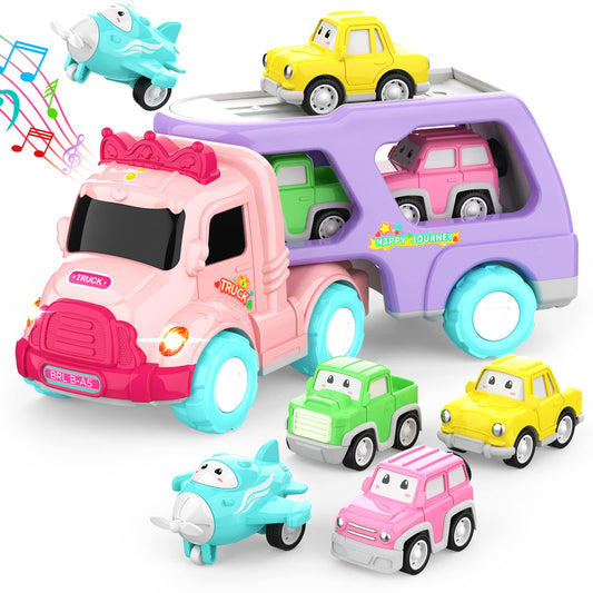 LASCOTON 5-in-1 trailer truck pink with colorful cars ready for imaginative toddler play