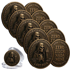 Last Fuck to Give Challenge Coin with skull design for desk display.