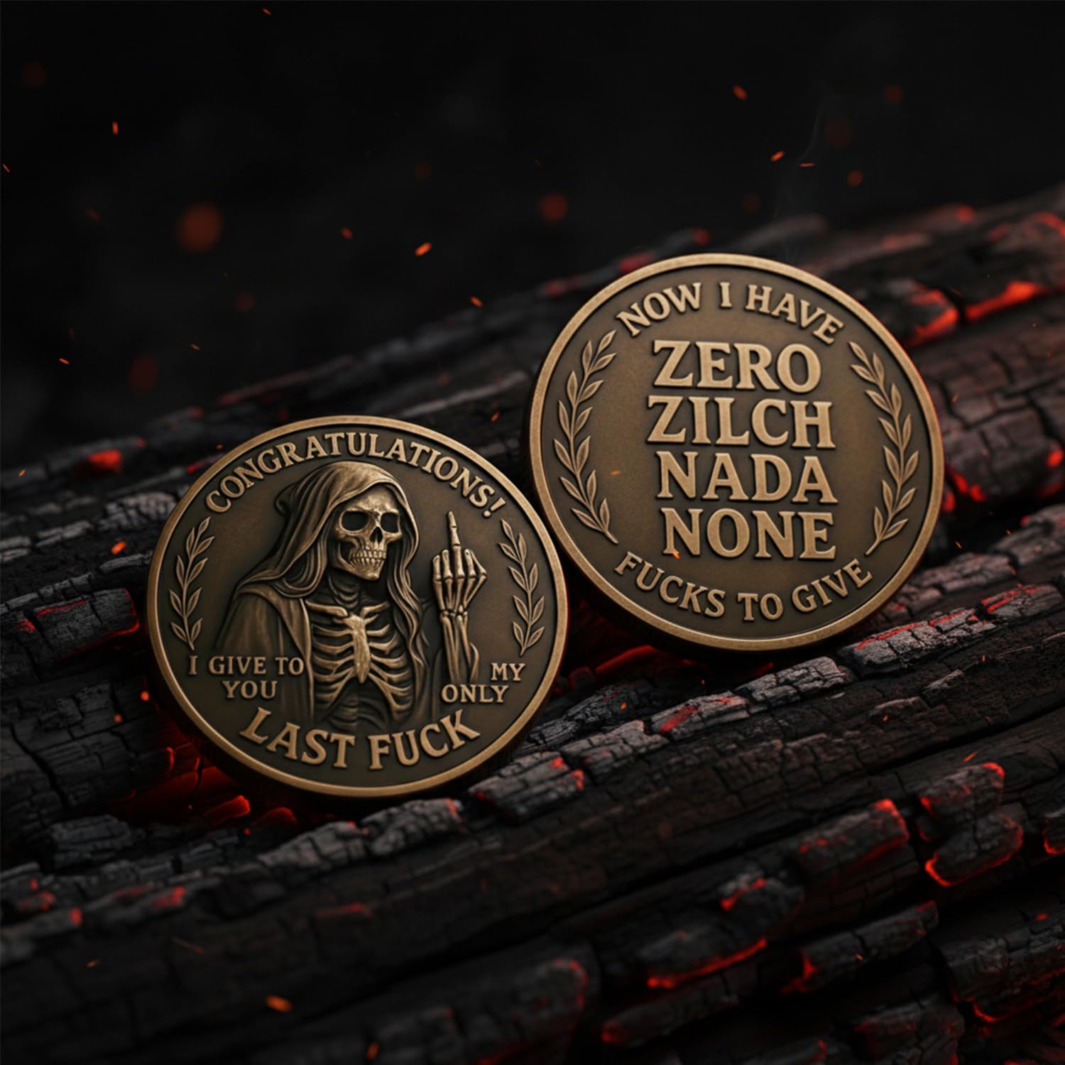 Last Fuck to Give desk display coin, weighty copper and bold vibe.