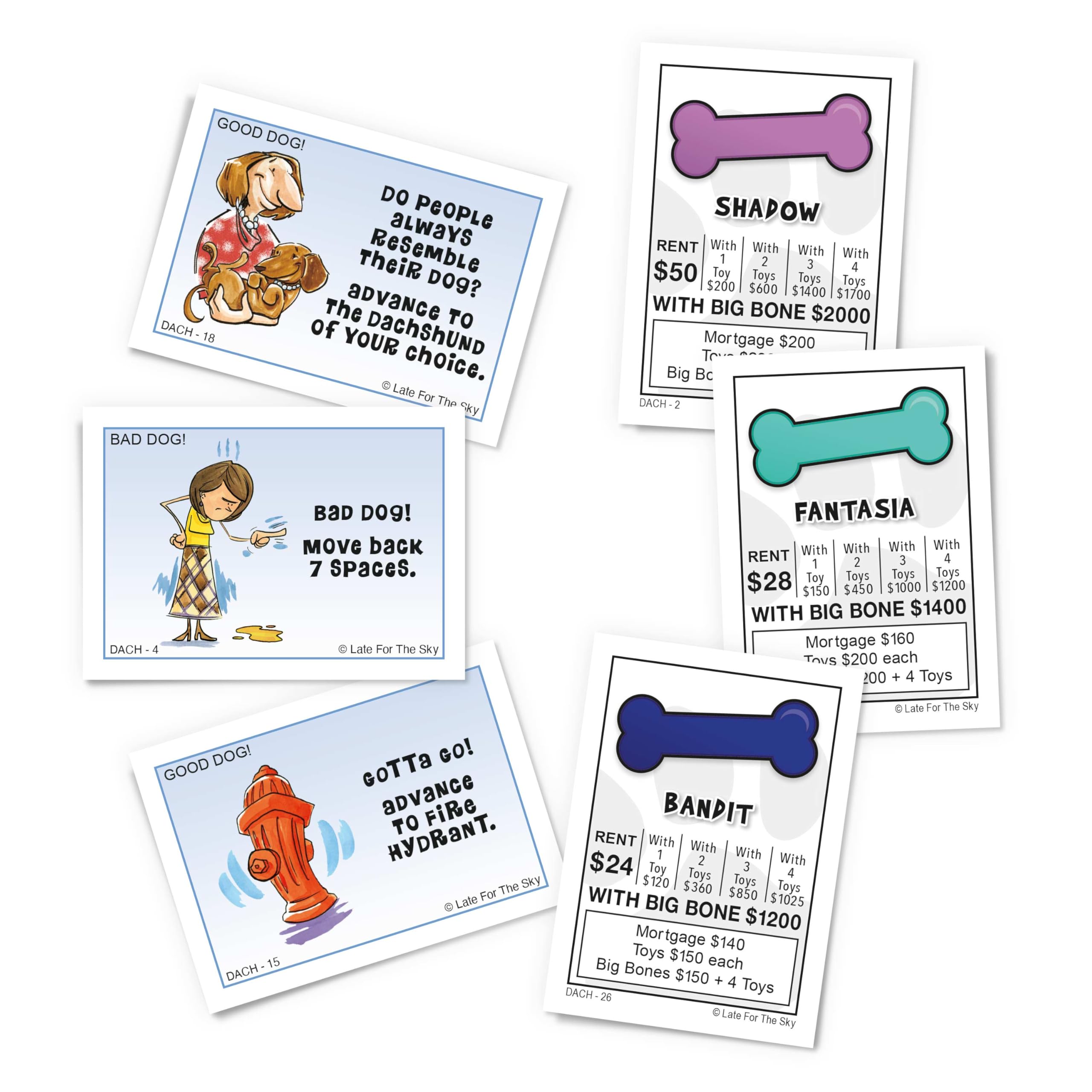 Late for the Sky Dachshund-Opoly property cards for friendly competition.