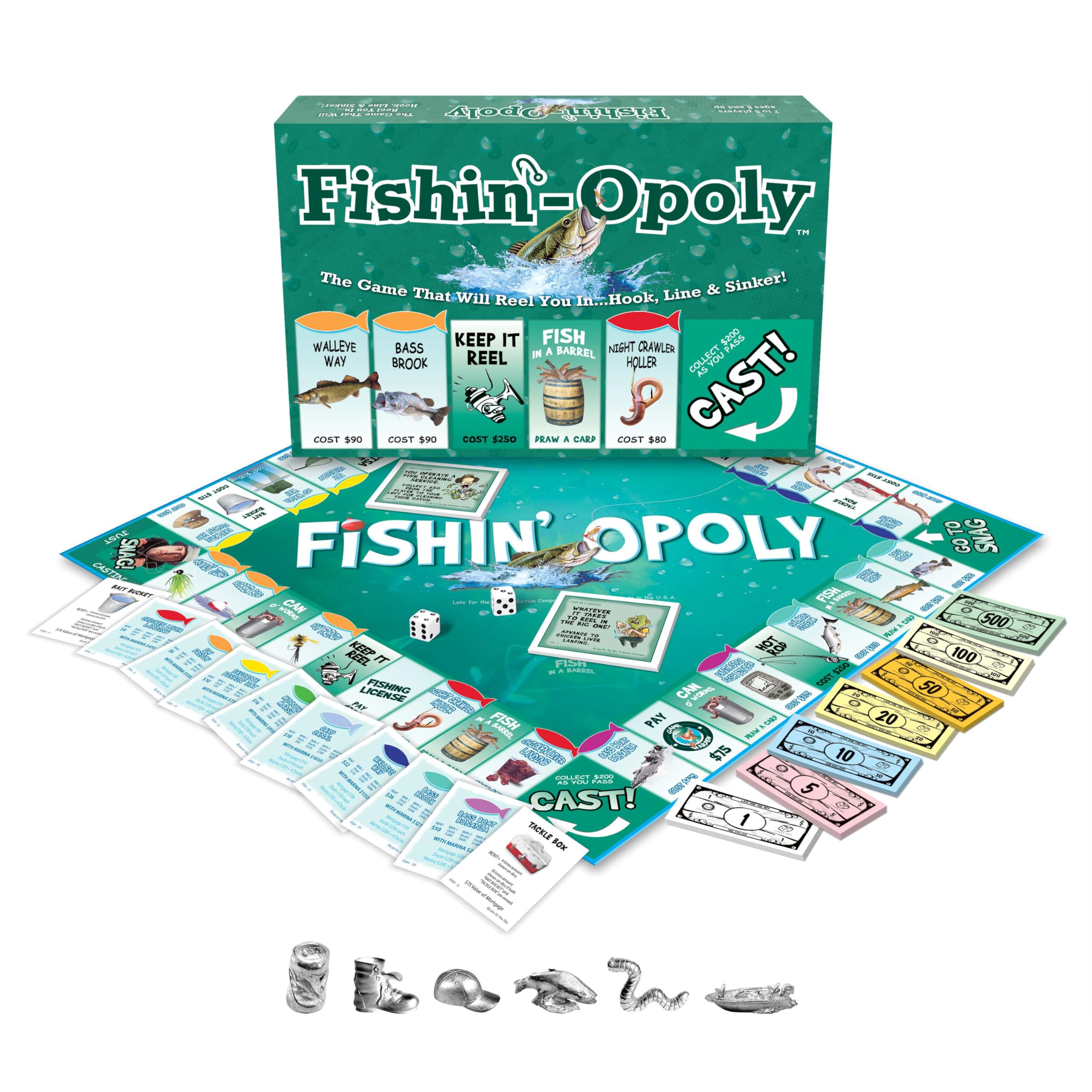 Late for the Sky Fishin'-Opoly playing area with colorful property cards for family fun