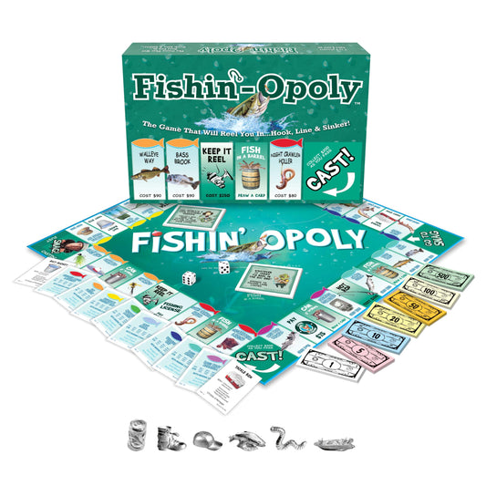 Late for the Sky Fishin'-Opoly playing area with colorful property cards for family fun