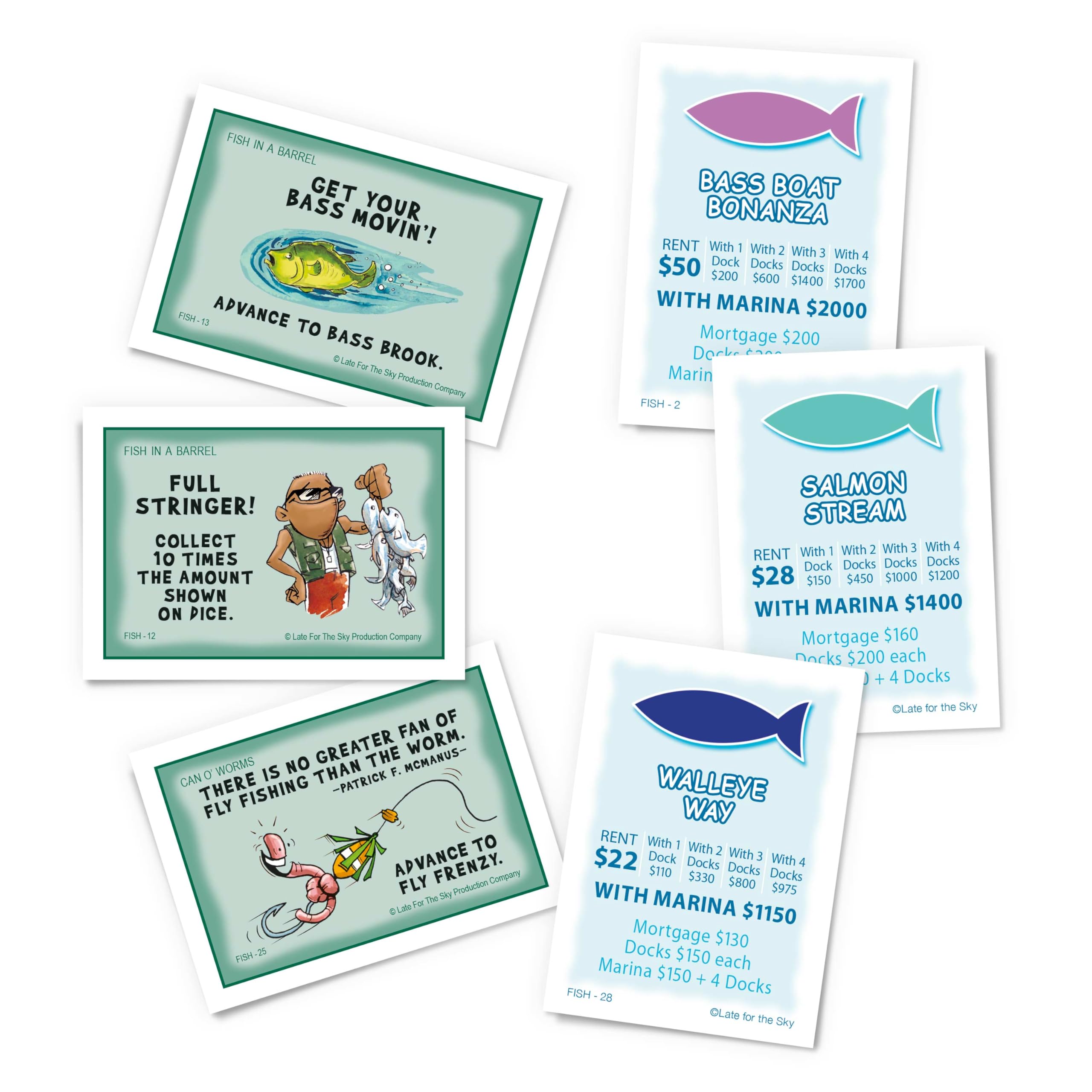 Late for the Sky Fishin'-Opoly player tokens arranged on a scenic table for group play