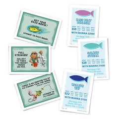 Late for the Sky Fishin'-Opoly player tokens arranged on a scenic table for group play
