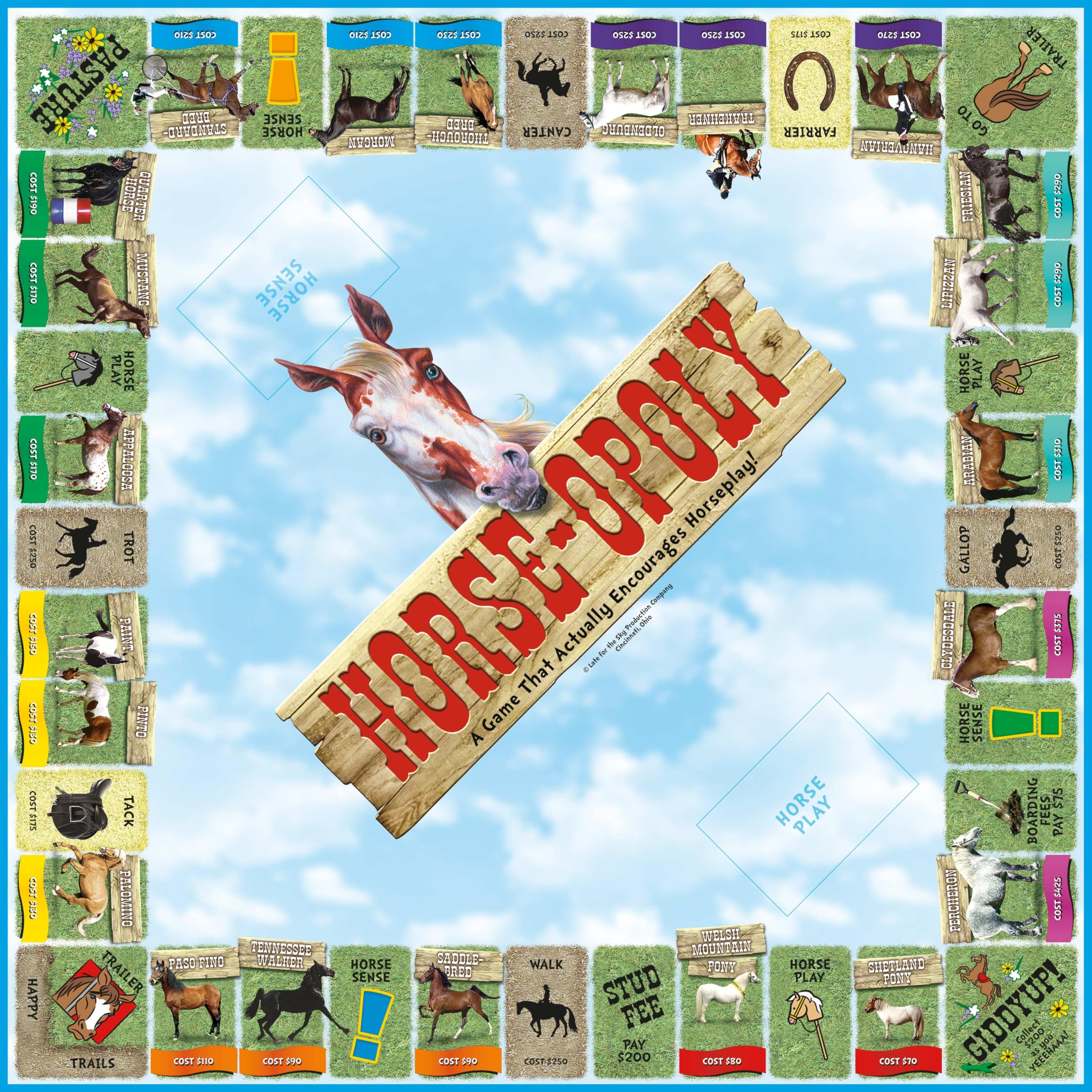 Late for the Sky Horse-Opoly breed card highlighting diverse horse breeds