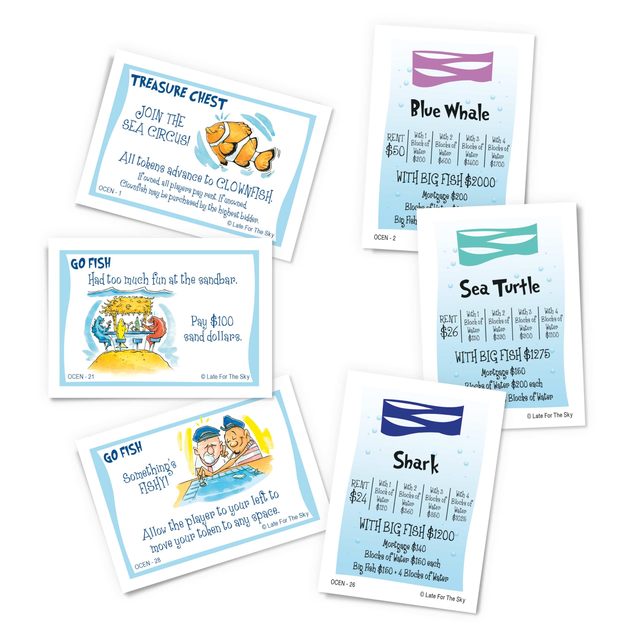 Late for the Sky Ocean-Opoly property deeds showing marine life facts.