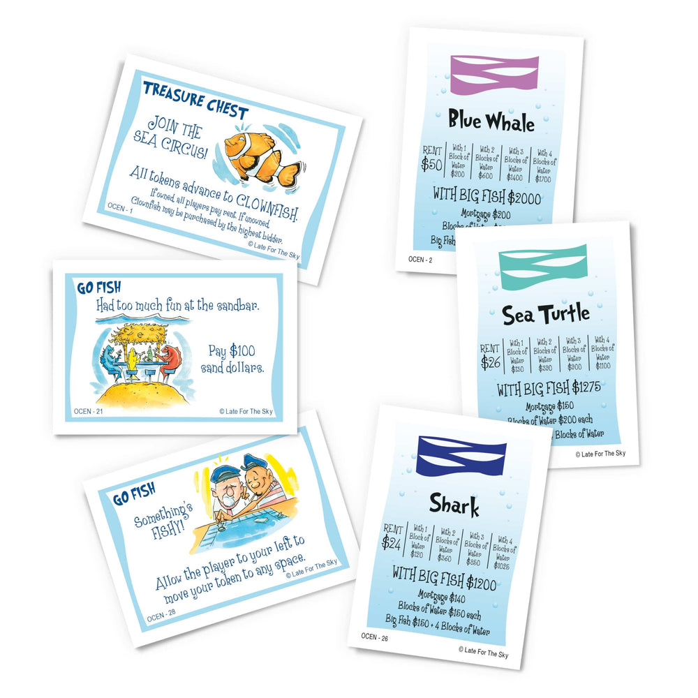 Late for the Sky Ocean-Opoly property deeds showing marine life facts.