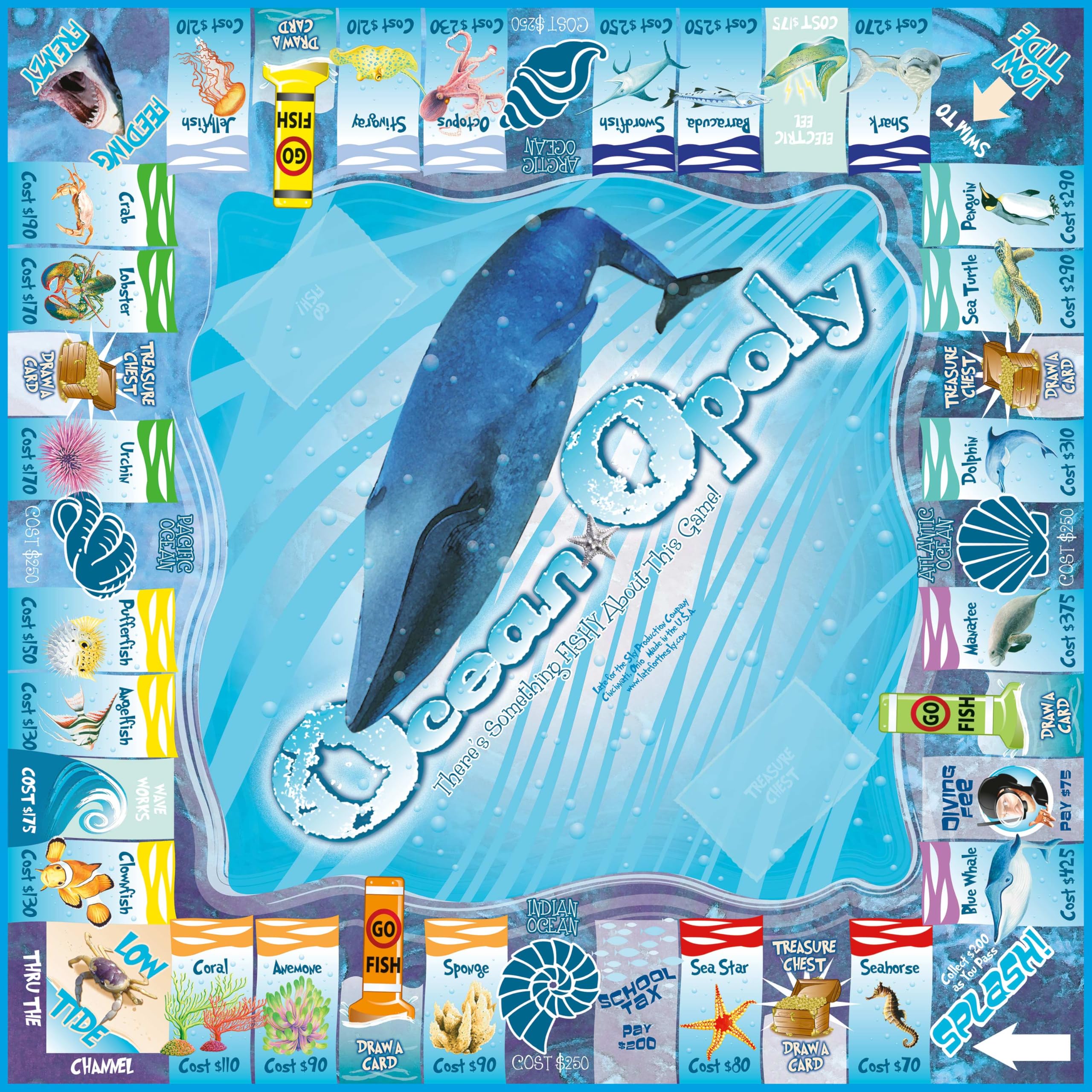 Late for the Sky Ocean-Opoly sand dollars and water blocks for scoring.