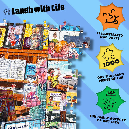 Laugh with Life dad joke puzzle scene 2, featuring hidden jokes to spark conversation