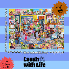 Laugh with Life dad joke puzzle scene 4, cozy rainy-day family moment