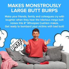 Laughing Smith Mega 8-inch cushion shown as a party gift for celebrations.