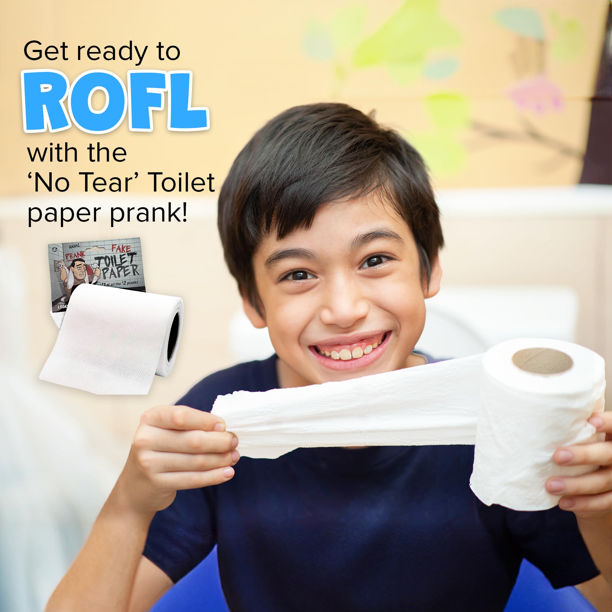 Laughing Smith No Tear Prank Toilet Paper bathroom scene, sets a cheeky backdrop for humorous moments.