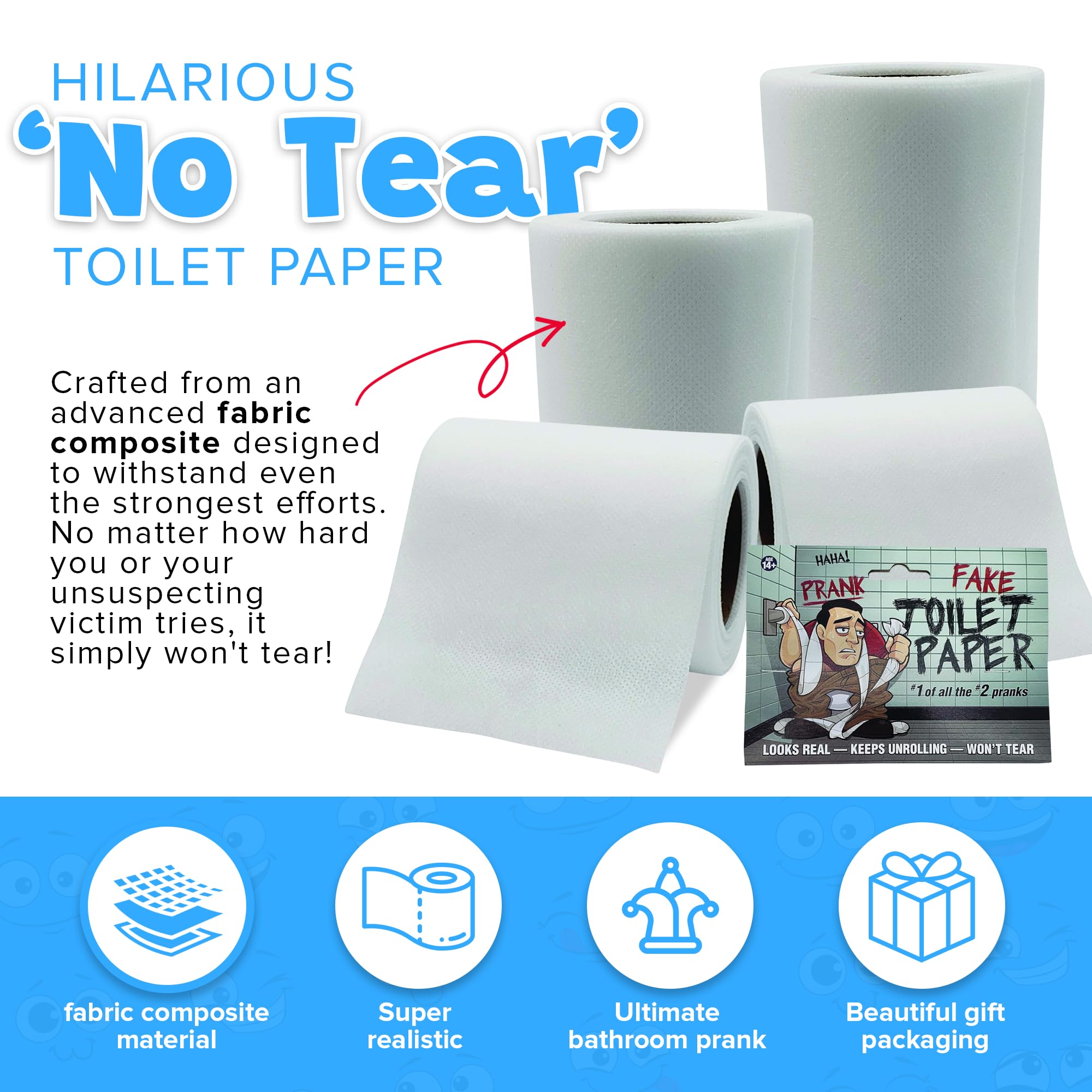 Laughing Smith No Tear Prank Toilet Paper packaging, ready for gifting or party favors.